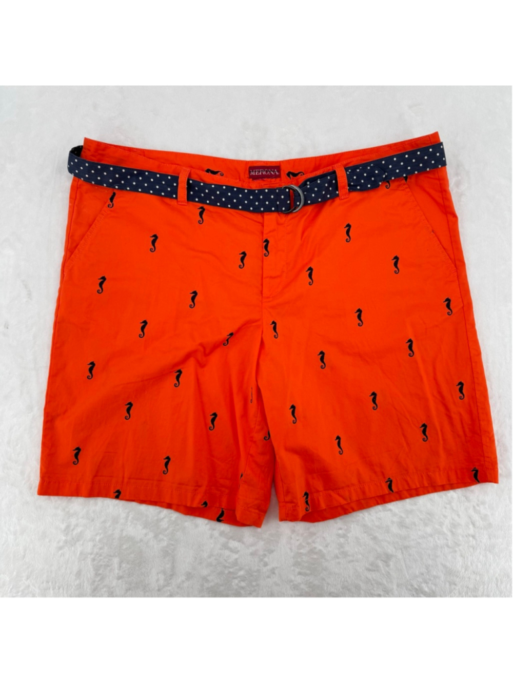 Orange Chino Shorts Navy Blue Seahorse Print Polka Dot Belt 100% Cotton Size 16